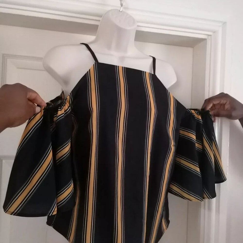 Selects Ladies Black And Yellow Stripy Cold Shoulder Top Size 6